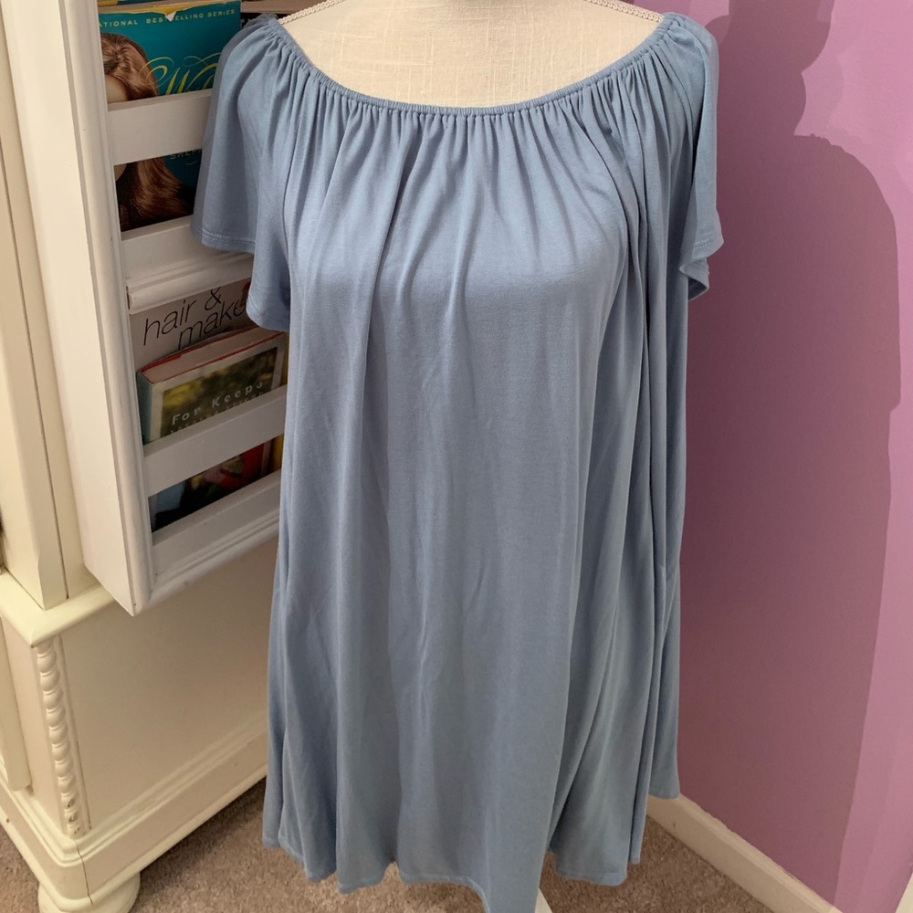 Silence + Noise off the shoulder blue dress | L